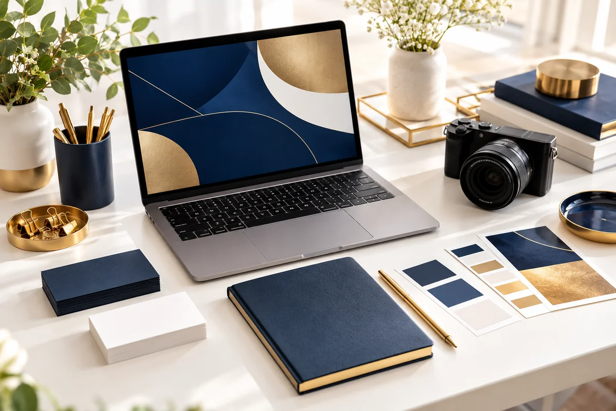 Navy and gold stationery, design swatches, laptop and camera on a creative desk