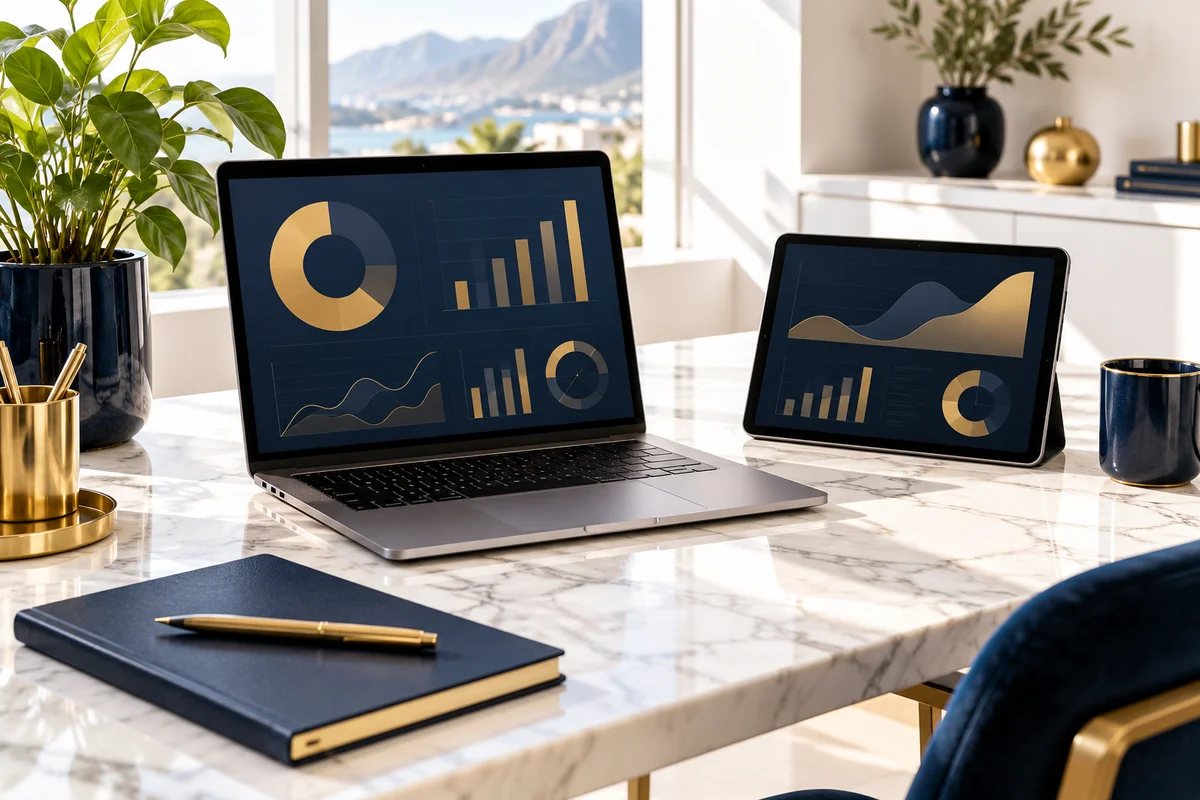 Laptop and tablet with navy and gold charts beside a notebook on a bright desk