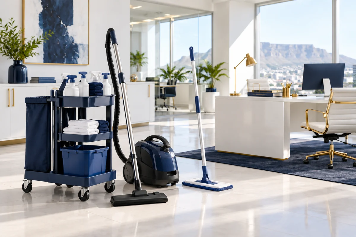 Spotless modern office with a neatly arranged cleaning trolley, vacuum and mop