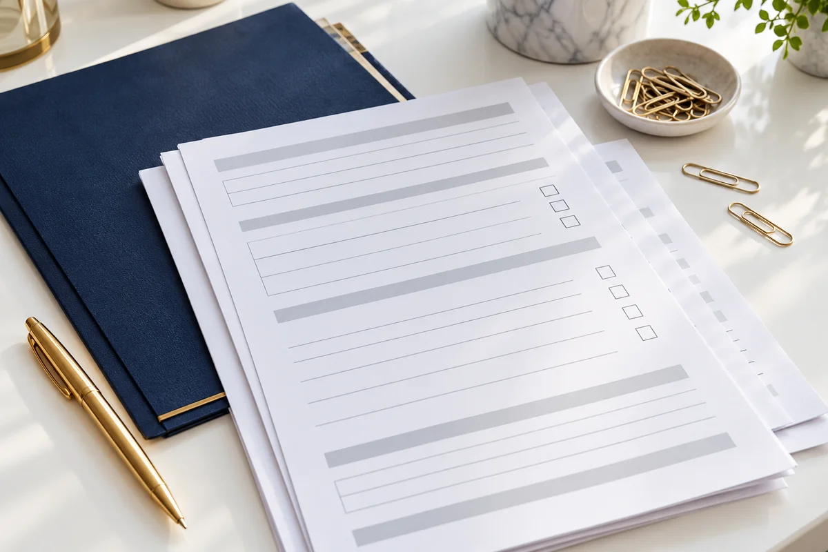 Organised paperwork, navy folder and gold stationery on a white desk