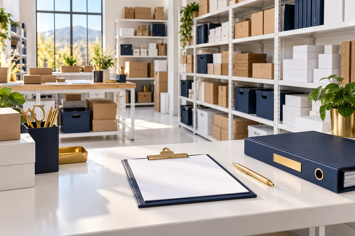 Organised warehouse shelves with boxed business supplies and a clipboard